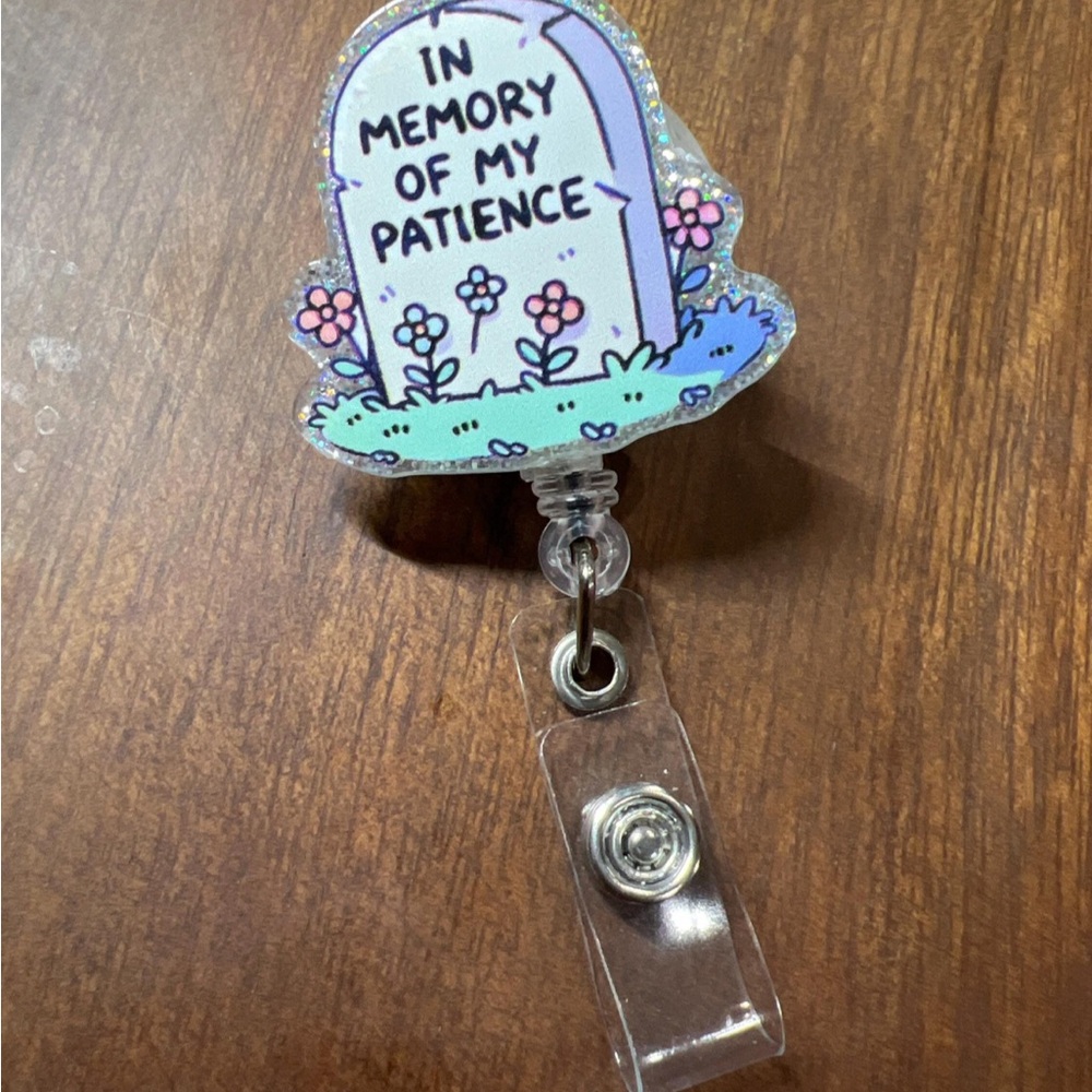 Funny Badge Reel with Patience Tombstone Design